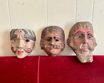 Vintage Mexican masks, carved mask, Guerrero mask, painted mask, devil mask, folk art mask, decorative mask, wood mask, conquistador