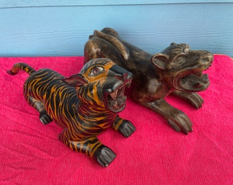 Vintage carved Mexican jaguar, carved folk art, Mexican decor, cougar, tiger,