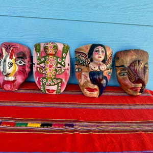 Vintage folk art masks, Mexican masks, Guerrero, skull, carved mask, Guatemalan mask, angel