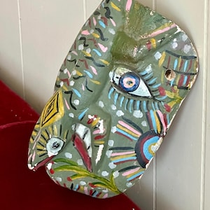 Vintage green carved Mexican mask, folk art mask, carved mask, Guerrero mask