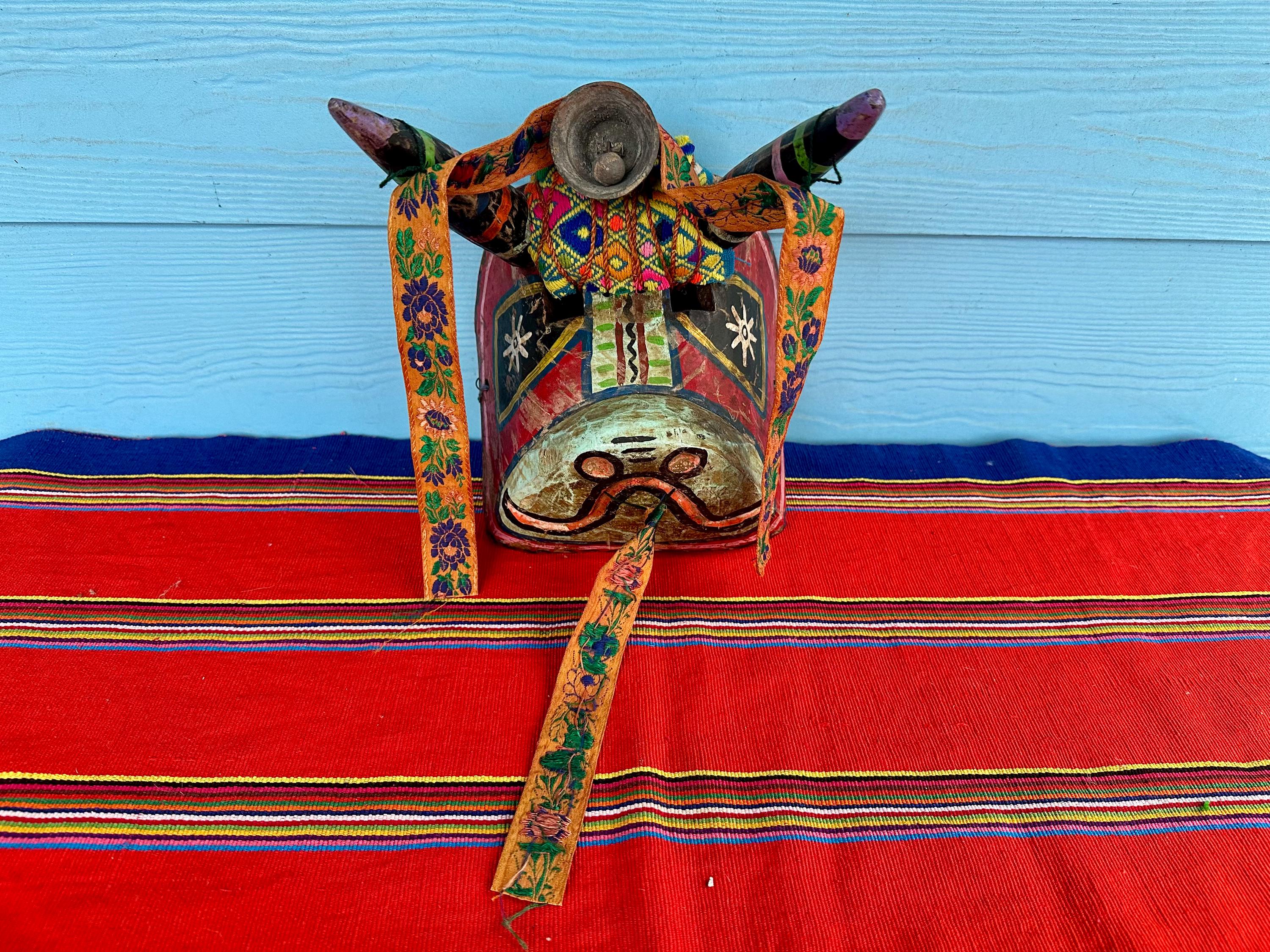 Vintage Guatemalan Mask, Bull Mask, Horns, Folk Art Mask, Carved