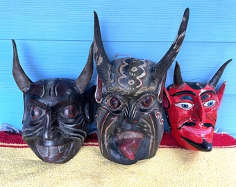 Vintage Mexican devil masks, folk art masks, carved masks, Guerrero, wood masks, decorative masks, wall masks