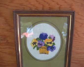 Vintage embroidered wall art, kitch, framed embroidery, oval frame, embroidered flowers, shabby chic, cottage chic