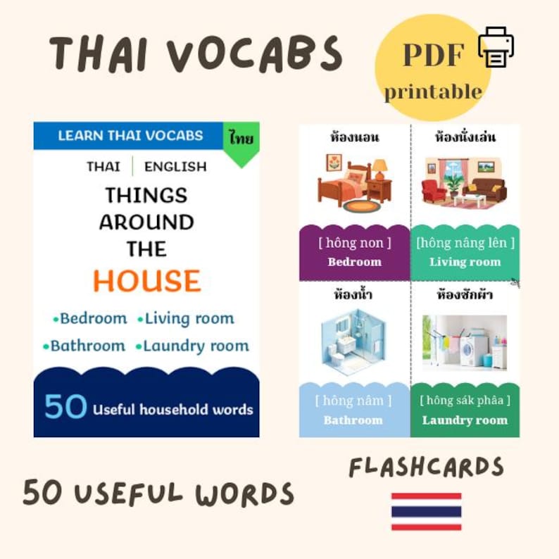 Thai Vocabulary Flashcards: Household Items, Bilingual Learning ...
