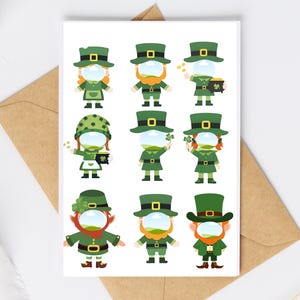 Plantilla de marco de fotos de duende del Día de San Patricio, recorte de lienzo con cara en un agujero, decoración de fiesta editable, adorno para cupcakes del Día de San Patricio.