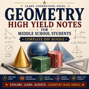 Puede incluir: Un recurso educativo digital titulado Geometry High Yield Notes for Middle School Students Complete PDF Bundle. La imagen muestra un cono dorado, una esfera azul, un cubo verde, un cilindro rojo, una pirámide azul, un compás y un transportador.