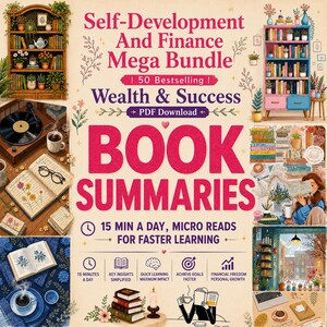 Pode incluir: Um gráfico promocional para um mega pacote de autodesenvolvimento e finanças. A imagem apresenta o texto "BOOK SUMMARIES" em letras rosa grandes, juntamente com outro texto como "15 MIN A DAY, MICRO READS". O gráfico inclui ilustrações de livros, café e um toca-discos.
