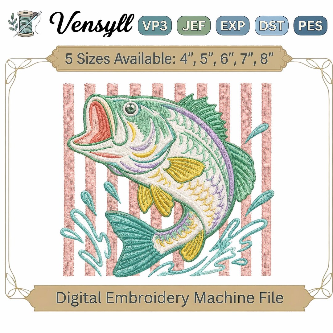 Retro Bass Fish Embroidery Design, Preppy Coastal Lake Machine ...