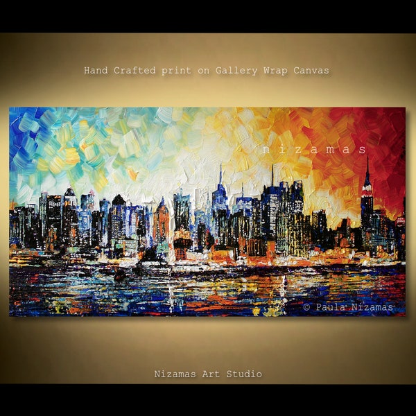 Art on canvas, New York skyline offer vivid pops of blue, red, orange, a perfect piece for urban themed decor by Nizamas