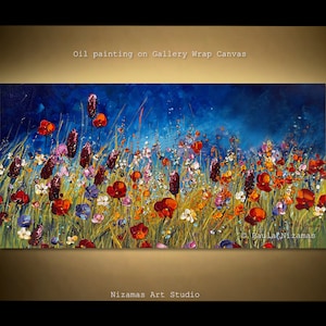 Original Floral Painting on 48" x 24", 60" x 30" Canvas Oil and Acrylic, detailed with textured accents, meadow of mixed blooms by Nizamas