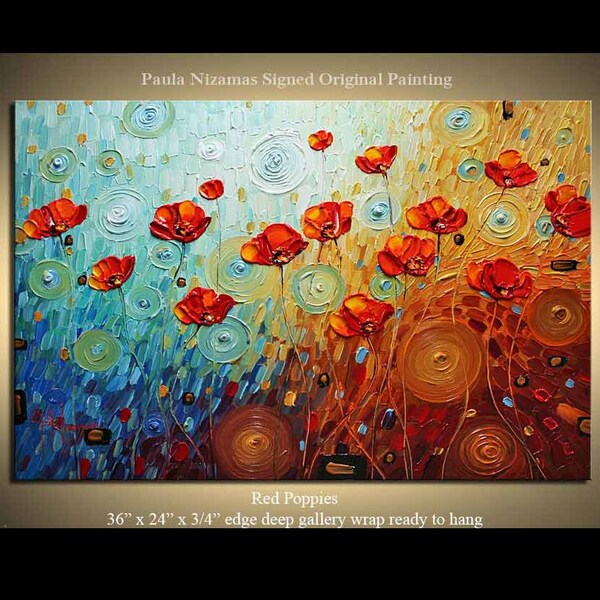 Original  Palette Knife Textured Oil Painting Red Poppies floral fine art by P. Nizamas 3FTx2FT