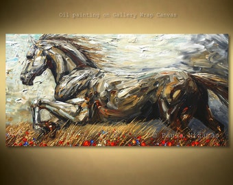 Painting on 48" x24", 60" x 30" canvas, horse painting, palette knife, texture, mustang, art by Nizamas