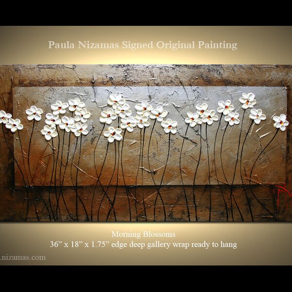 Original Palette Knife textured Blooming White Wild Flowers painting  on framed canvas by P.Nizamas