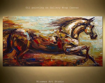 Large 48" x 24" Mustang painting on canvas, palette knife, texture, living room art, office art by Nizamas