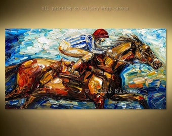 Oil Painting on 60" x 30" canvas, jockey on horse, blended brushstrokes offer contrasting light and dark colors created by Nizamas