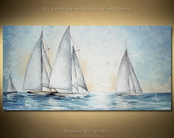 Oil painting, sailboats with tall, white sails, this piece of art is a beautiful look at nautical life by Nizamas cool color palette