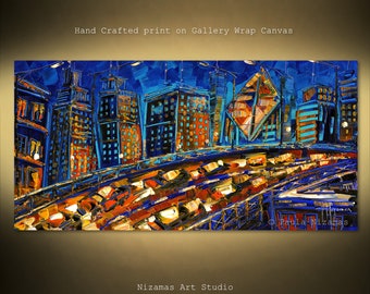 Chicago city, night in the city, blue, red, home decor, living room art, dining room art, office art by Nizamas