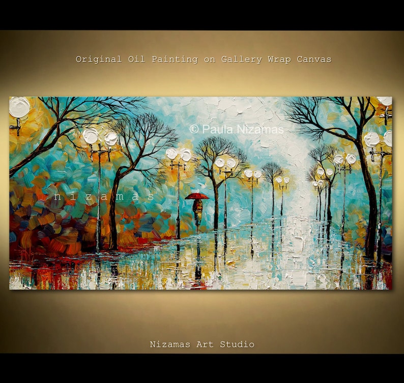 48 x 24 Original Oil painting on canvas Red Umbrella PALETTE KNIFE original extra heavy texture wall decor image 1