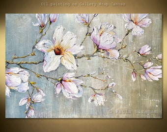 Oil painting a touch of nature, blooming magnolia flowers painted on canvas, designed to liven up any interior by Nizamas