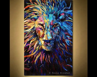 48" Oil painting, showcases lion, eye-catching animal image created in a vivid colors and impressionistic style by Nizamas ready to hang