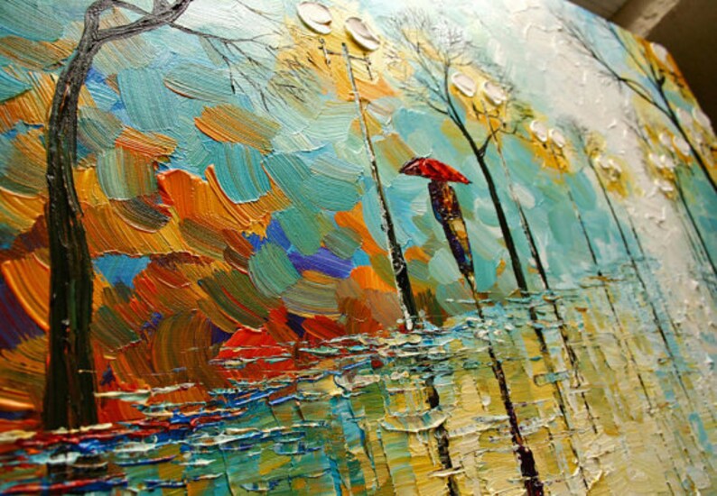 48 x 24 Original Oil painting on canvas Red Umbrella PALETTE KNIFE original extra heavy texture wall decor image 2