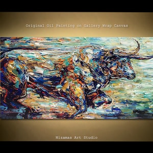 Original painting 48" x 24", 60" x 30", expressive, powerful bull image in texture style will make any room alive by Nizamas ready to hang