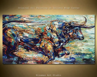 Original painting 48" x 24", 60" x 30", expressive, powerful bull image in texture style will make any room alive by Nizamas ready to hang