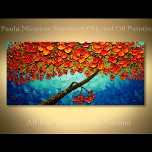 48 x 24 Oil painting's inviting, vivid colors, make every day feel like a celebration Red Tree Abstract Palette Knife art by Nizamas image 1