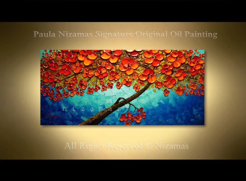 48 x 24 Oil painting's inviting, vivid colors, make every day feel like a celebration Red Tree Abstract Palette Knife art by Nizamas image 1