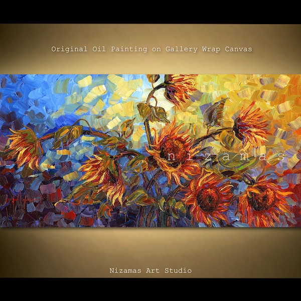 Oil painting on 48" x 24", 60" x 30" canvas, sunflowers  bursting with reds, blues, purple, orange and yellows by USA based artist Nizamas