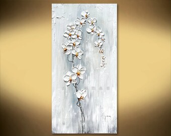 Original painting 48" x 24", Orchid in tones of metallic silver and white extra heavy texture palette knife on a gallery wrapped canvas.