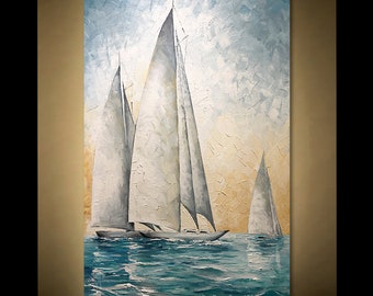 Painting, rendered in soft shades of grey with hints of blue, these sailboats are reflected in the calm waters of a sea by Nizamas