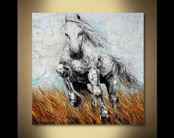 Large 48" x 48" Stallion painting, hand painted, horse, palette knife, texture, living room art by Nizamas