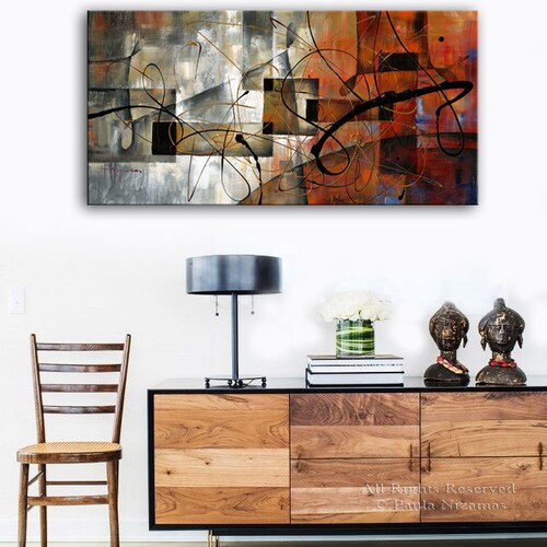 Art on canvas gray and warm red tones meeting in abstract, geometric way by Nizamas ready to hang hotsell