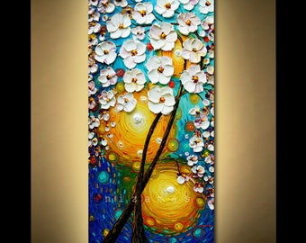 48" Original abstract painting, featuring a rich composition, bright colors, and exquisite white blossoms by Nizamas ready to hang