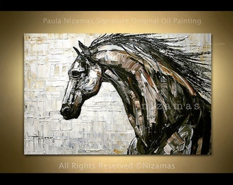 Original Horse painting 48" x 30", palette knife, thick texture, black and white, grey, stallion by Nizamas