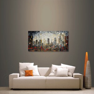 60 x 30 Abstract, urban original painting on canvas, cityscape, palette knife texture art, living room art by Nizamas image 5