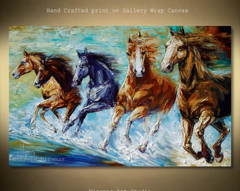 Horses running, splashing water, Gallery Quality Wrap large art, hand embellished by Nizamas