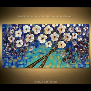 Art on canvas all about blue, aqua tones in the background, enveloping tree bursting with white blooms by Nizamas ready to hang