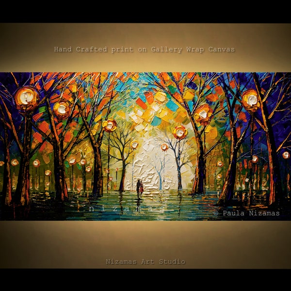 Art on canvas presents light and shadows dance in the park around two figures strolling through by Nizamas