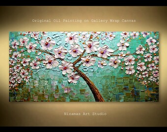 Oil painting on canvas, featuring soft blues and a gentle grace of blooming tree by Nizamas handmade ready to hang