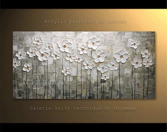 Painting on canvas, white flowers, rendered in soft shades of white and gray, will add a soothing and elegant floral touch by Nizamas