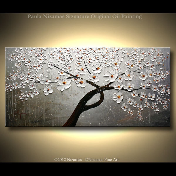 ORIGINAL Tree Painting Abstract White Cherry Blossom Textured Modern Art by Nizamas 47" x 24"