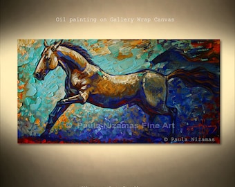 Oil painting on canvas 48", Mustang runs freely against aqua and deep blue colors background by Nizamas ready to hang ready to ship