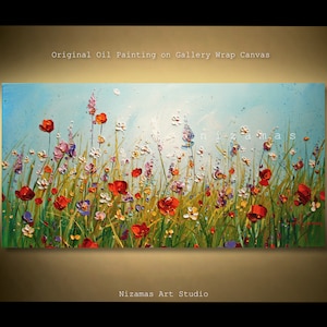 Original Floral Painting on 48" x 24", 60" x 30" Canvas Oil and Acrylic Prairie Blooms by Nizamas good mood summer feel