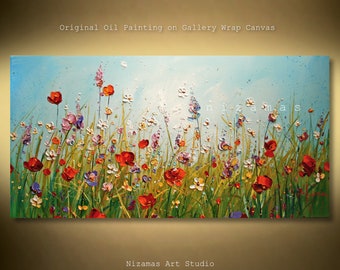 Original Floral Painting on 48" x 24", 60" x 30" Canvas Oil and Acrylic Prairie Blooms by Nizamas good mood summer feel