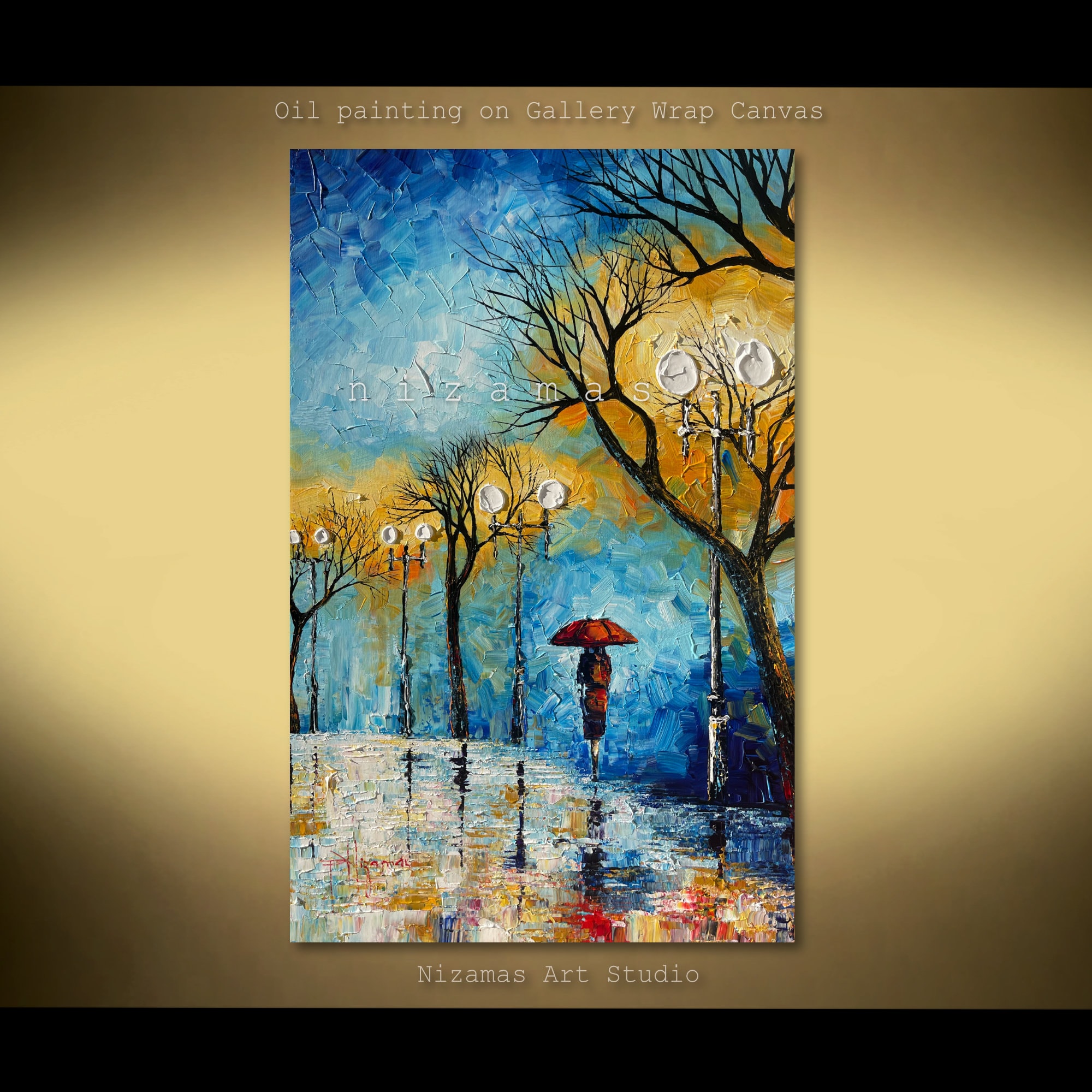 Oil Painting on Canvas, With Tall Trees Line on a Road After Rain by  Nizamas Ready to Hang 