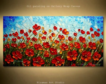 Large 60" x 30", 48" x 24", 36" x 18" oil painting on canvas, red poppy blooms will enhance any home space, impasto palette knife by Nizamas