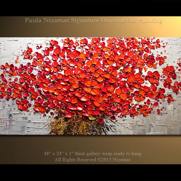 ORIGINAL Large Abstract  Red Poppies Impasto Landscape Oil Painting by Nizamas 48x24 Ready to Hang