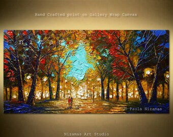 Art on canvas, bright sky blue, orange, ochre, deep browns blend seamlessly to create dreamy fall scene ready to hang by Nizamas